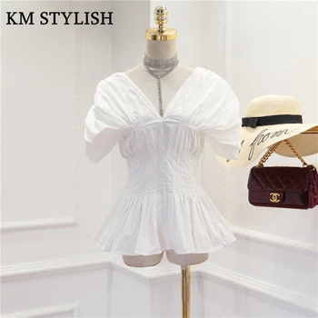 

2019 Summer New Temperament Slim Waist White Black Shirt Puff Sleeve Strapless Tops Women