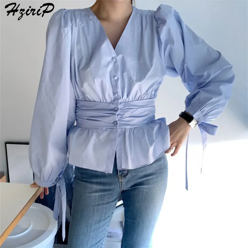 

Hzirip New Summer Sweet Female Waist-Controlled Fresh Office Ladies Loose Casual Solid Long Sleeves V-Neck Fashion Free Shirts