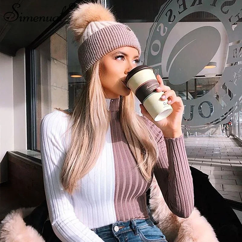 MYDC Patchwork women's turtleneck sweaters and pullovers autumn knitting clothes skinny sexy cropped lady's sweater hot sale | Женская