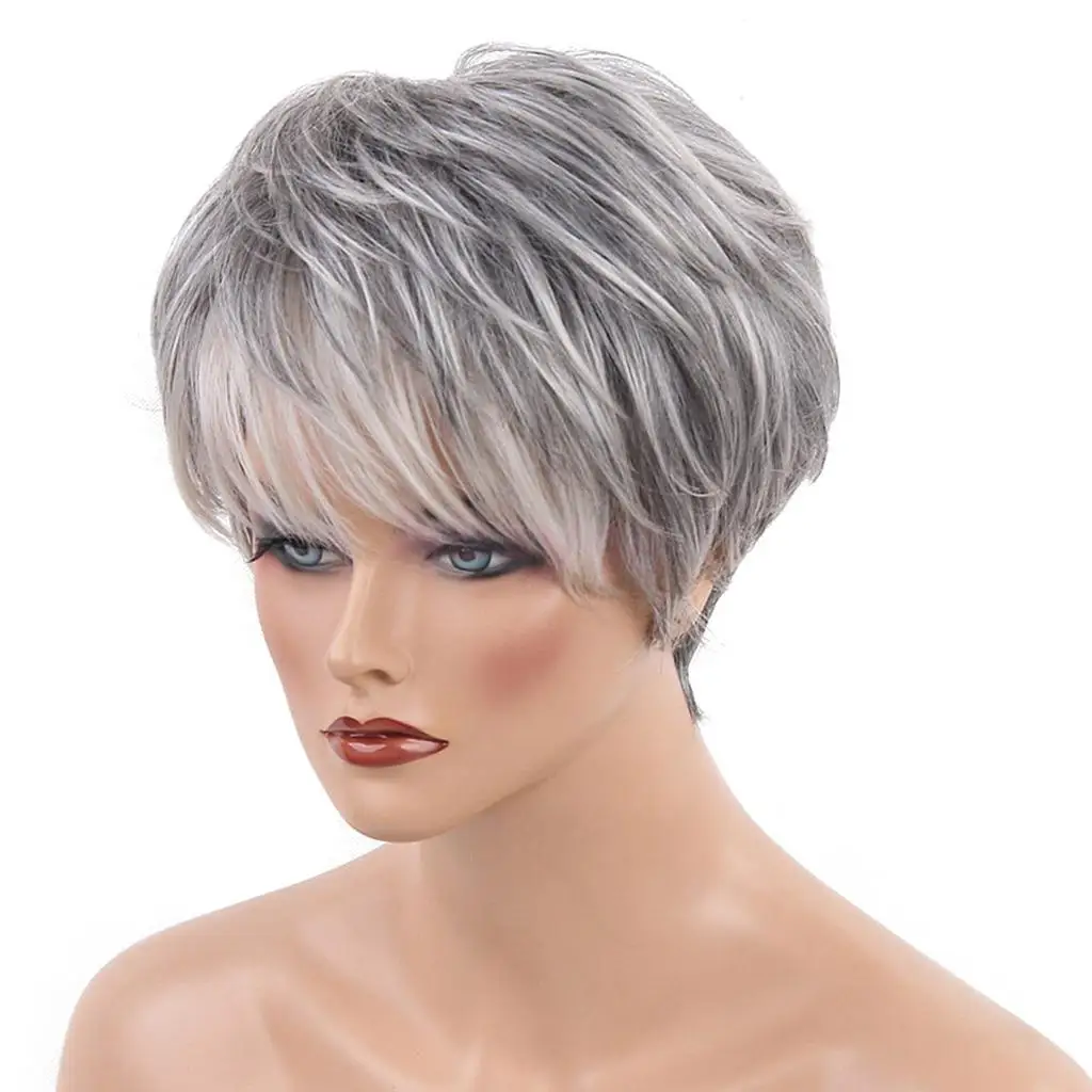 

Chic Short Wigs for Women 70% Human Hair Mix Memory Synthetic Fiber with Bangs Fluffy Layered Pixie Cut Wig