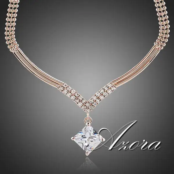 AZORA розовое золото цвет квадратный камень CZ кулон Свадебные украшения цепочки и ожерелья TN0088