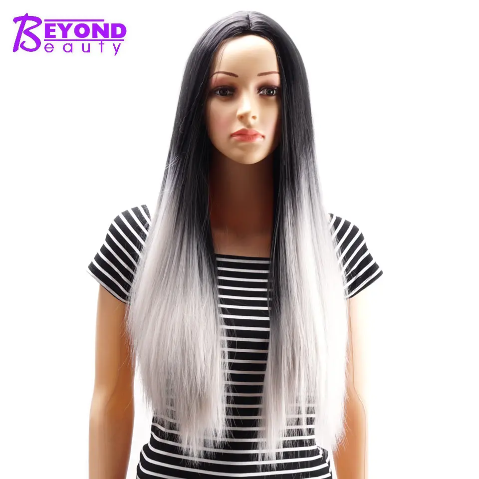 Ombre Black Synthetic Grey False Hair Wig Long Straight Silver Gray