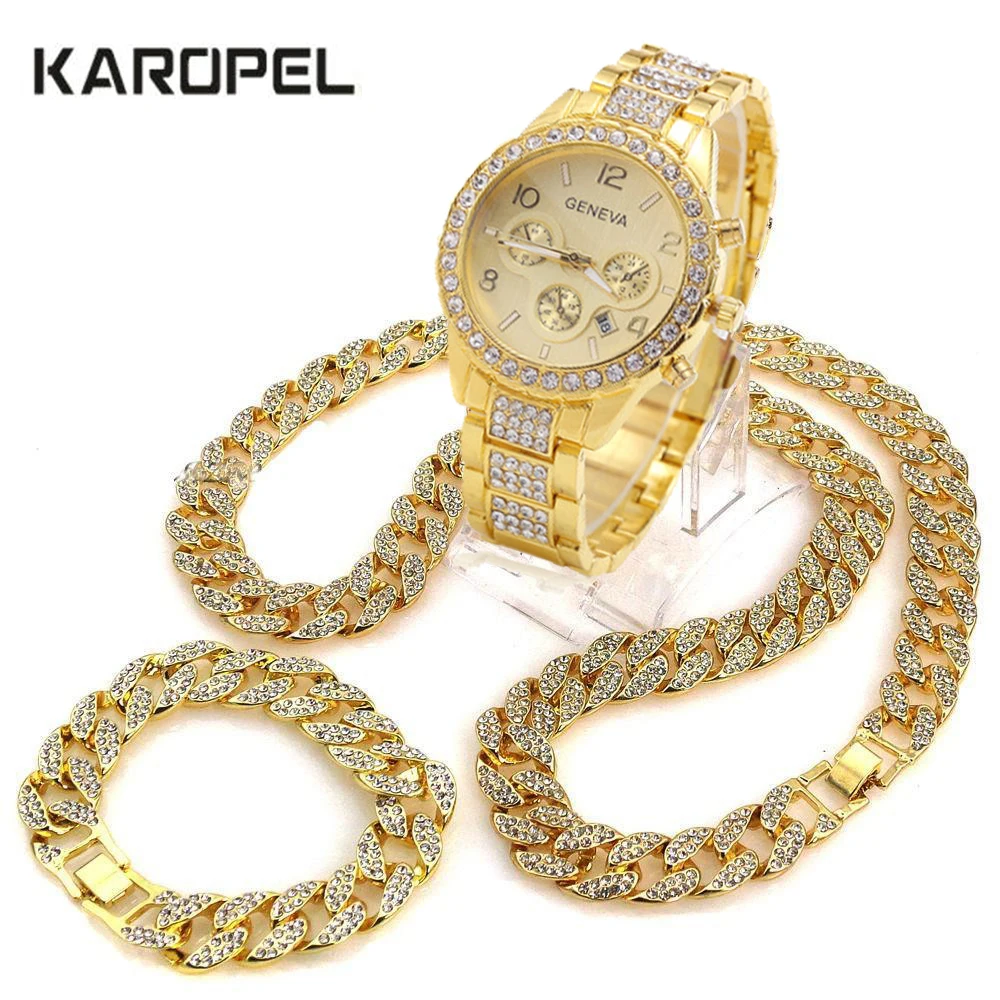 

Iced Out Watch 18" Cuban Link Chain Necklace & 8.5" Bracelet Bundle Sets