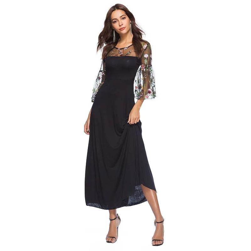 

WHZHM Summer Mesh Dress Women Vestidos Mesh Wrist Patchwork Dress Flare Sleeve Dress A-Line Black Floral Vintage Dress Female