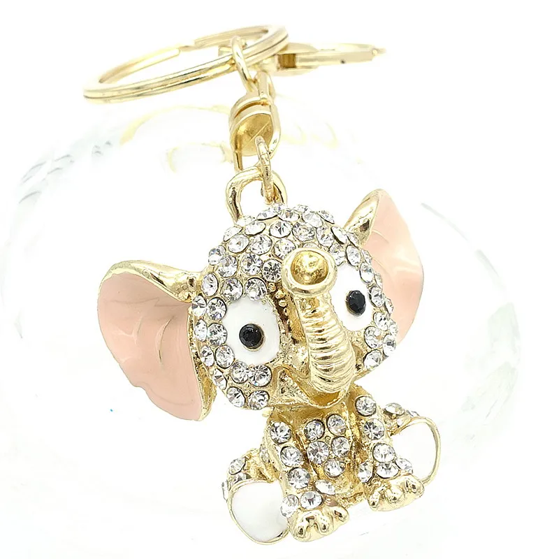 Pink Elephant Keychains Crystal Key Ring Purse Bag Rhinestone CZ