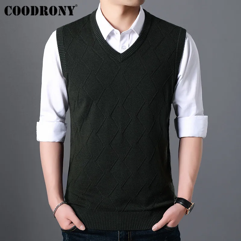 COODRONY Mens Sweaters Autumn Winter Sweater Men V-Neck Sleeveless Vest Pull Homme Knitted Cashmere Wool pullover men 91017 - Цвет: Черный