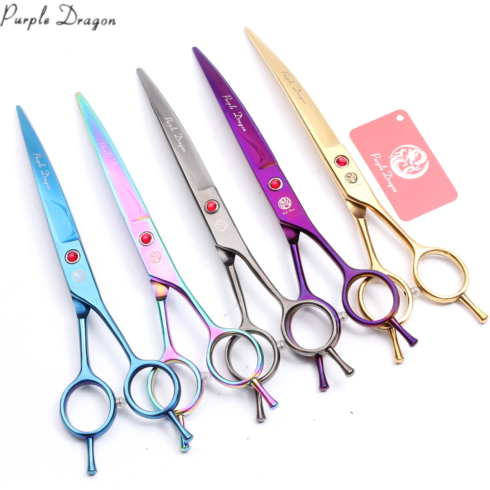 

7" Purple Dragon JP Stainless Professional Grooming Scissors Down Curved Scissors Cats Dog Scissors Pet Shears Finger Rest Z4002