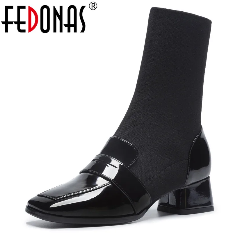 

FEDONAS Fashion Brand Design Square Toe Square Heels Rome Women Ankle Boots Slip on Cow Patent Leather Chelsea Boots Basic Shoes