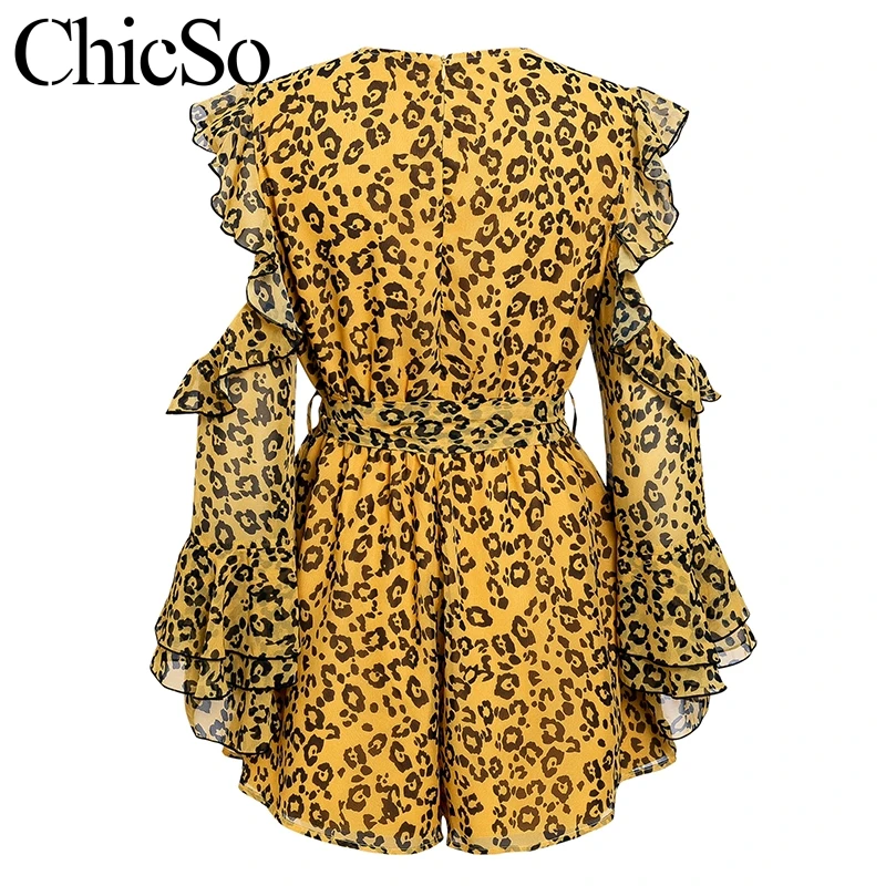 Missychilli Leopard print chiffon women playsuit Off shoulder V neck lace up romper Flare Sleeve party summer holiday jumpsuit
