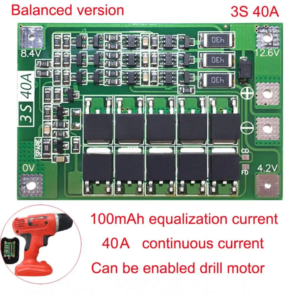 3S 40A BMS 11,1 V 12,6 V 18650 Защитная плата для литиевой батареи BMS плата для стандартного баланса обновленная версия для дрели - Цвет: 3S 40A Balance