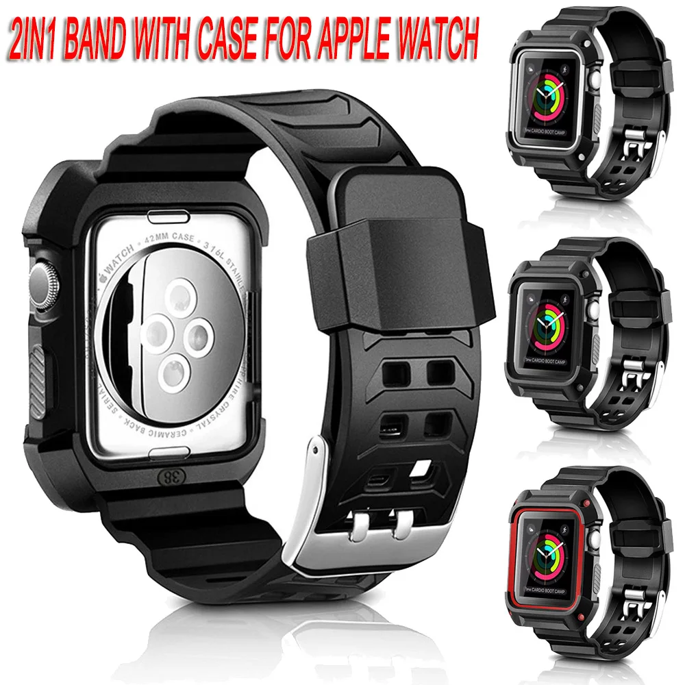 Для Apple Watch 1/2/3 38 мм 42 силиконовый ремешок Браслет 2в1 для часов с защитным чехлом