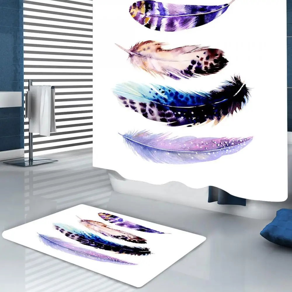 US $19.25 Feather Print Shower Curtain Moldproof Waterproof Bathroom Curtain Luxury Bath Curtains Rideau De Douche Bathroom Product