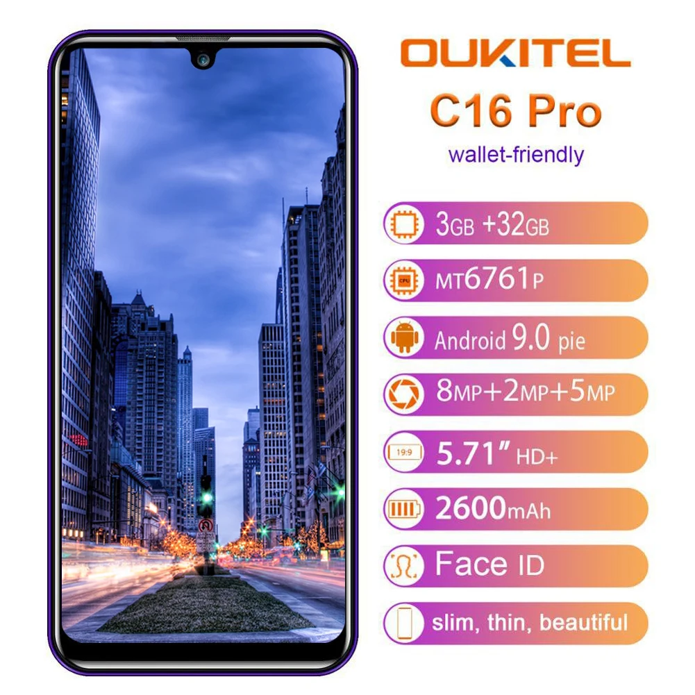 OUKITEL C16 Pro ram 3 ГБ rom 32 Гб 5 71 &quot19:9 Android 9 0 2600 мАч мобильный телефон MT6761 ID отпечаток