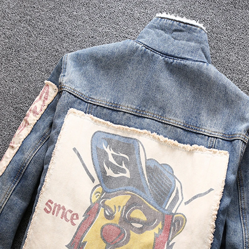 Big Size M-5XL Fashion Winter Men Jacket Blue Patch Designer Printed Denim Jackets Men Streetwear Hip Hop Velvet Warm Jackets