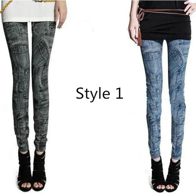 

Hot Fashion Casual Imitation Cowboy Printed Leggings High Elastic Slim Thin Feet Leggings Women Blue Black Good Quality Gifts