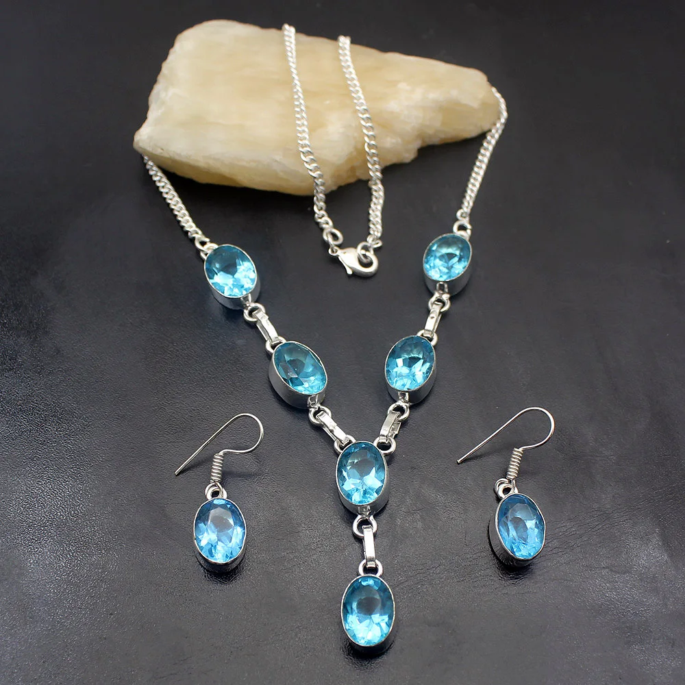 

Dazzling Natural Blue Topaz925 Sterling Silver Necklace Earring Jewelry Sets Free Shipping TF534