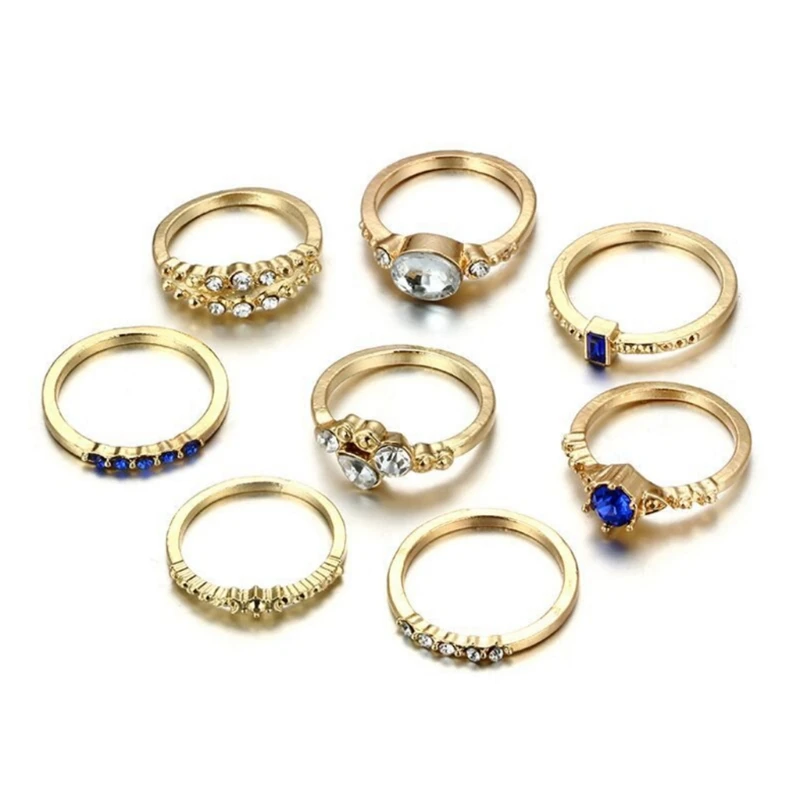 JAVRICK 8pcs Knuckle Ring Women Jewelry Vintage Gold Luxury Finger Rings Rhinestone Gift