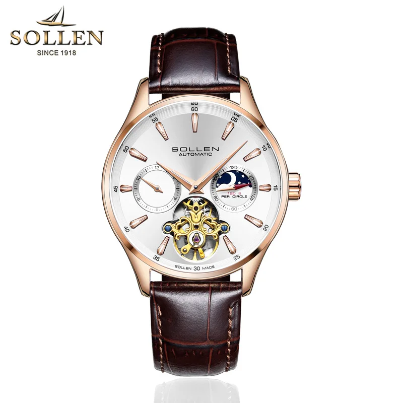 SOLLEN Брендовые мужские часы автоматические механические часы Tourbillon спортивные часы кожаные повседневные деловые наручные часы Relojes Hombre - Цвет: Rose Gold White