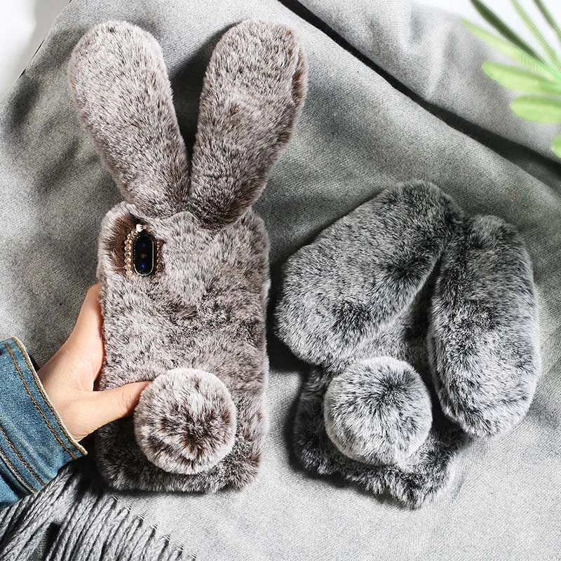 

YOACHEY Fluffy Plush Warm Phone Case For iPhone X XS MAX XR 8 7 6 6S Plus Cases Fur Rabbit Diamond Cover Soft TPU Fundas Coque