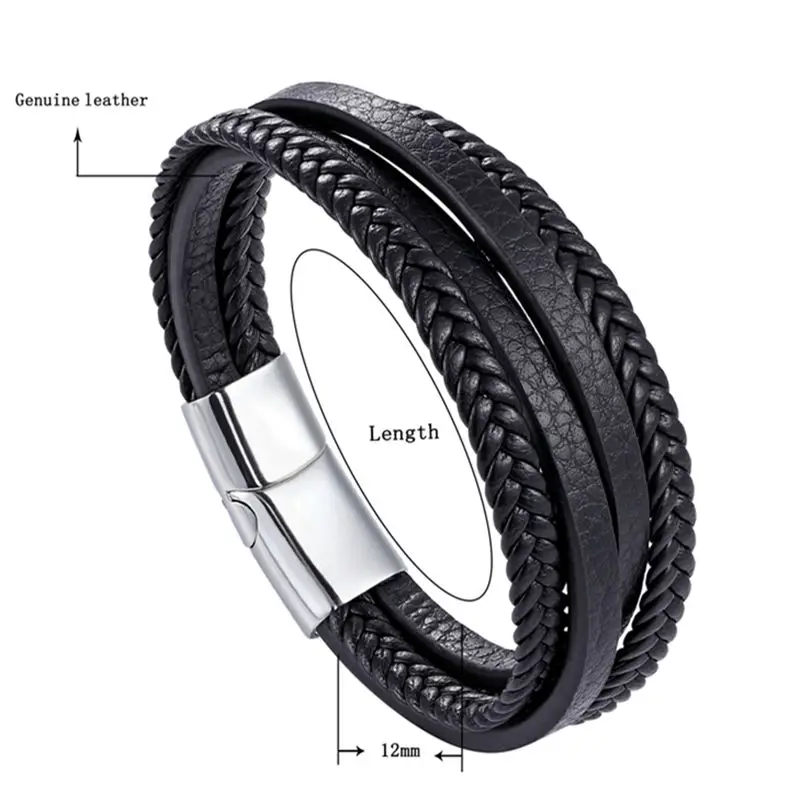Multi-Layers Handmade Braided Genuine Leather Bracelet /& Bangle Stainless Steel Fashion Bangles Gifts