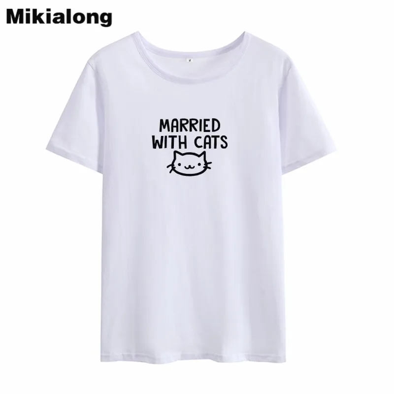 Mikialong женатые с кошками Kawaii женская футболка 2018 летняя черная белая коротким