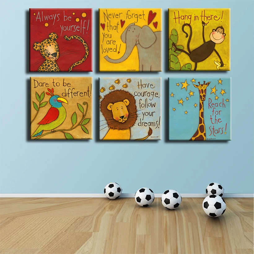 قماش يطبع النفط اللوحة 6 قطعة/مجموعة الحديثة الكرتون الحيوانات جدار الصور الاطفال ديكورات للحائط لا إطار الملصقات