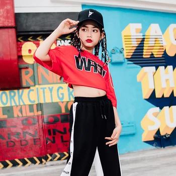 

2019 Hip Hop Dance Costumes Kids Red Tops And Black Pants Children'S Day Child Street Clothes Performance Stage Wear DQS1469