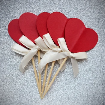 

Bow &Red Heart Cupcake toppers Picks Birthday/Wedding Party Decoration Favors Cake Dessert Decorations Bridal Shower Decor