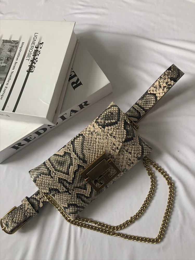 

Ins tide snake skin pattern small waist bag female belt new chain original mini pockets mobile phone bag