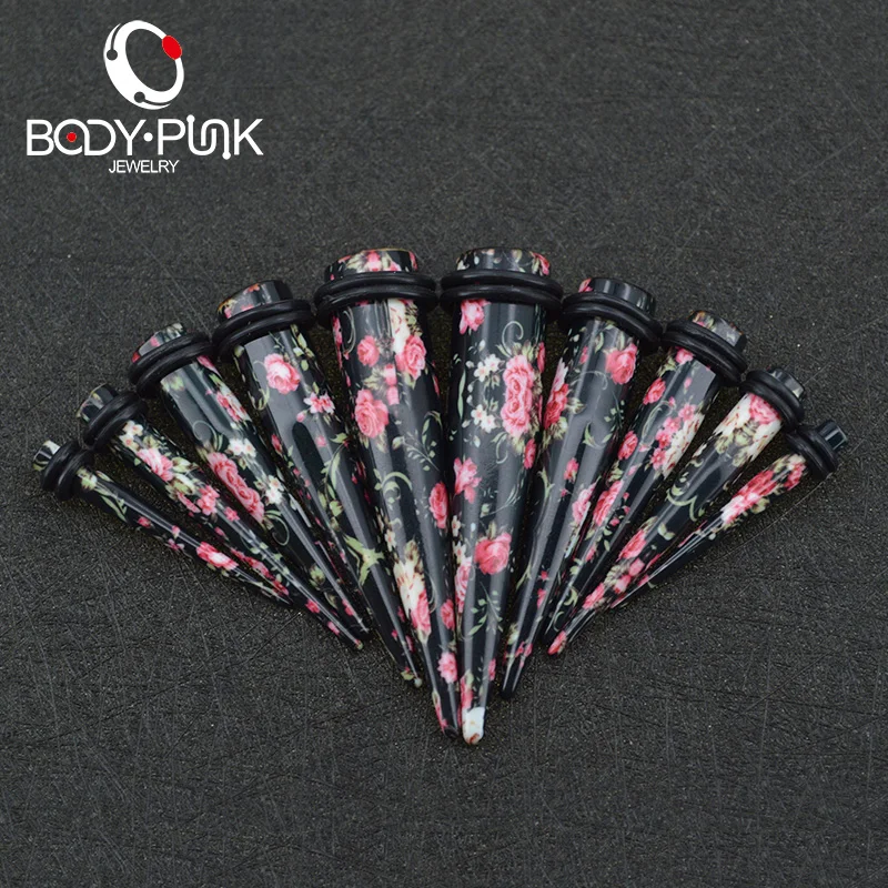 BODY PUNK Sapphire Pink Flower Print Acrylic Taper Ear Expander Piercing Taper Plugs Tunnel Kit Stretcher Gauges Body Jewelry 6