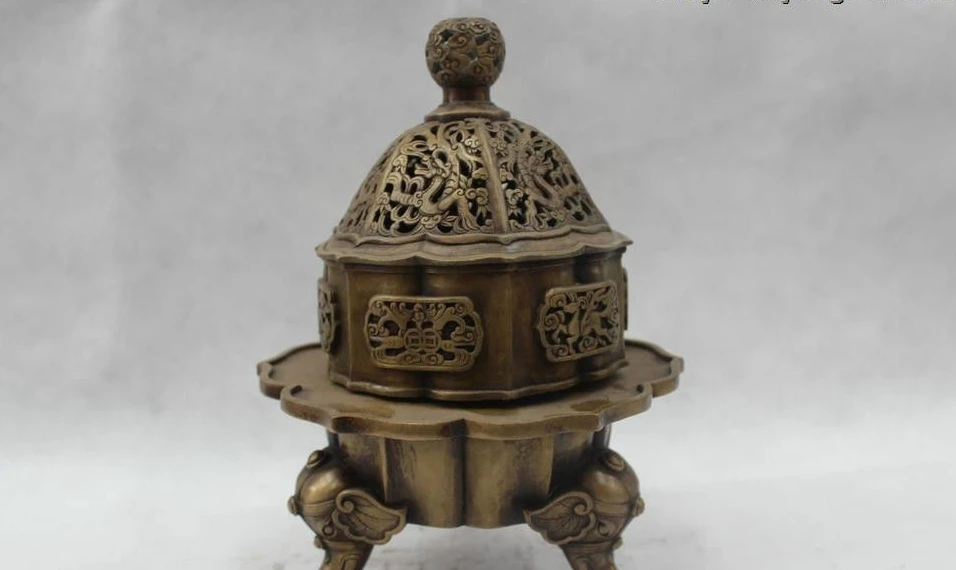 

11"China Folk Pure Bronze Lucky excellent elephant Dragon Burner incense burner