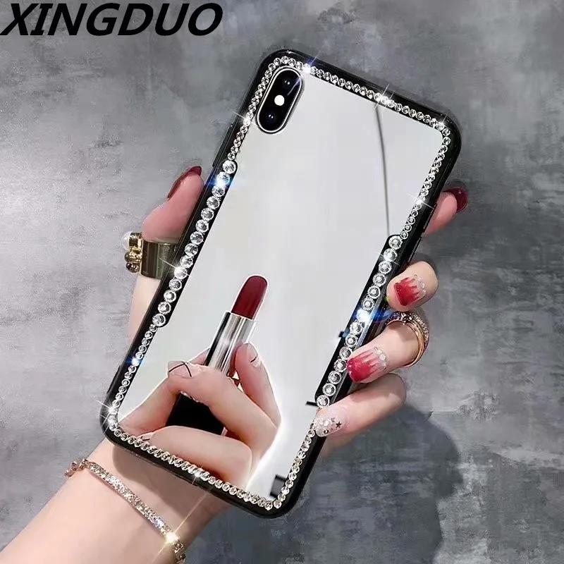 

XINGDUO Acrylic full screen mirror Jewelled Phone Case for iphone X 6 7 8 Glitter Diamonds soft TPU shell for iphone XS MXS XR