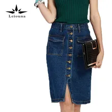 Leiouna, Женская юбка, джинсы, один топ, модная, облегающая, для девушек, элегантная, однотонная, джинсовая, с двойным карманом, с разрезом, дешево