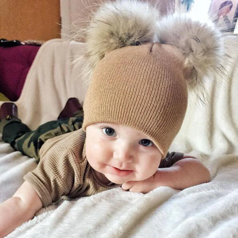 Cute Children's Knit Hat Oversized 16cm Double Ball Wool For Boys Girls Winter Elasticity Keep Warm Baby Hair 6M-5Y | Детская одежда