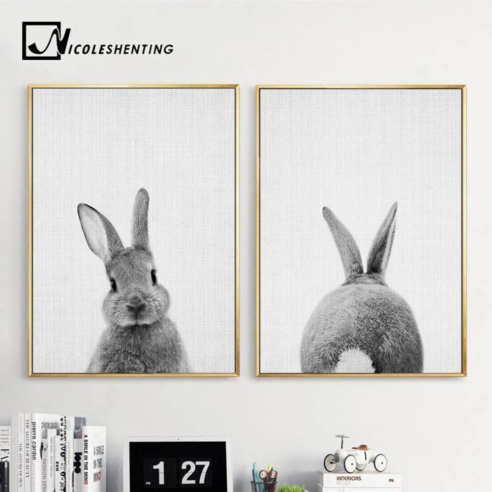 Черно-белый кролик настенный Арт холст плакаты и принты минималистичные животные картины настенные картины для гостиной современный домашний декор