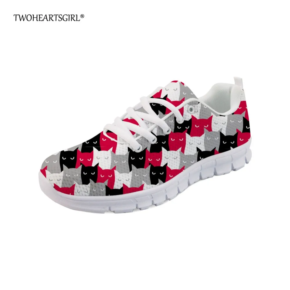 

Twoheartsgirl Breathable Women Shoes Cute Cartoon Cat Print Sneakers Comfortable Personalized Female Ladies Mesh Flats Plus 45