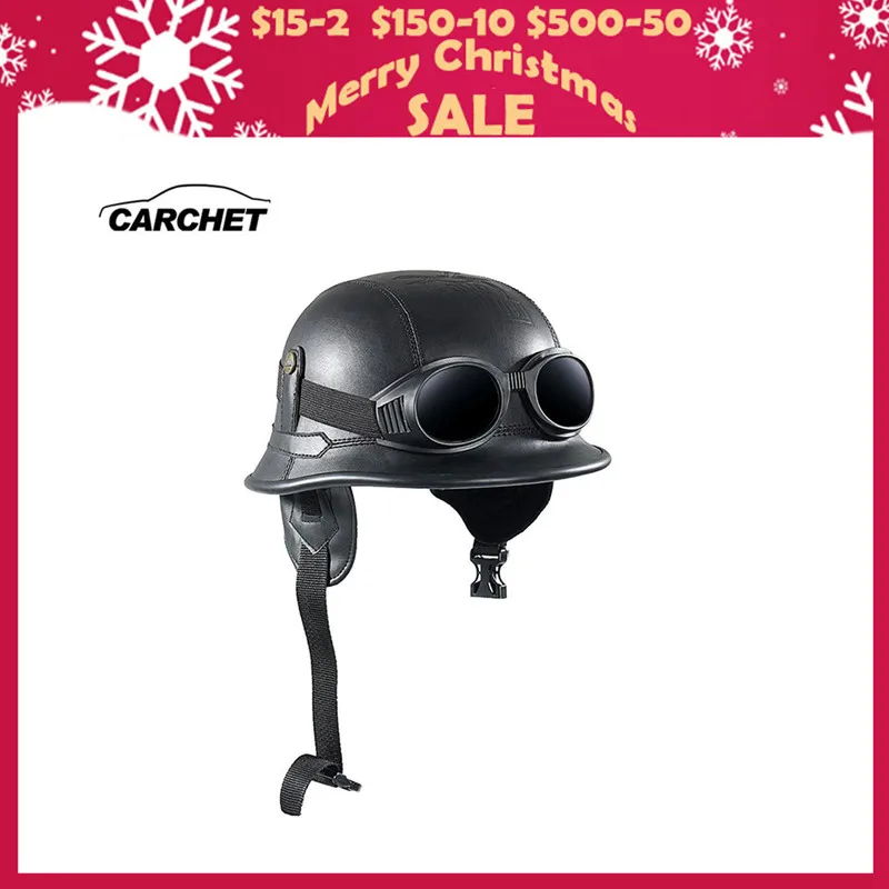 

CARCHET Vintage Motorcycle Helmets Retro Half Shell Goggle Helmet 56-60cm Unisex Protection Black Helm Matte Racer Motocross NEW