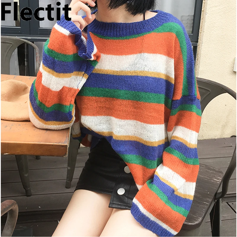 

Flectit Women Rainbow Stripes Jumper Thin Sheer Knitted Wide Sleeve Sweater Harajuku Girls Cozy Jumper Sweater