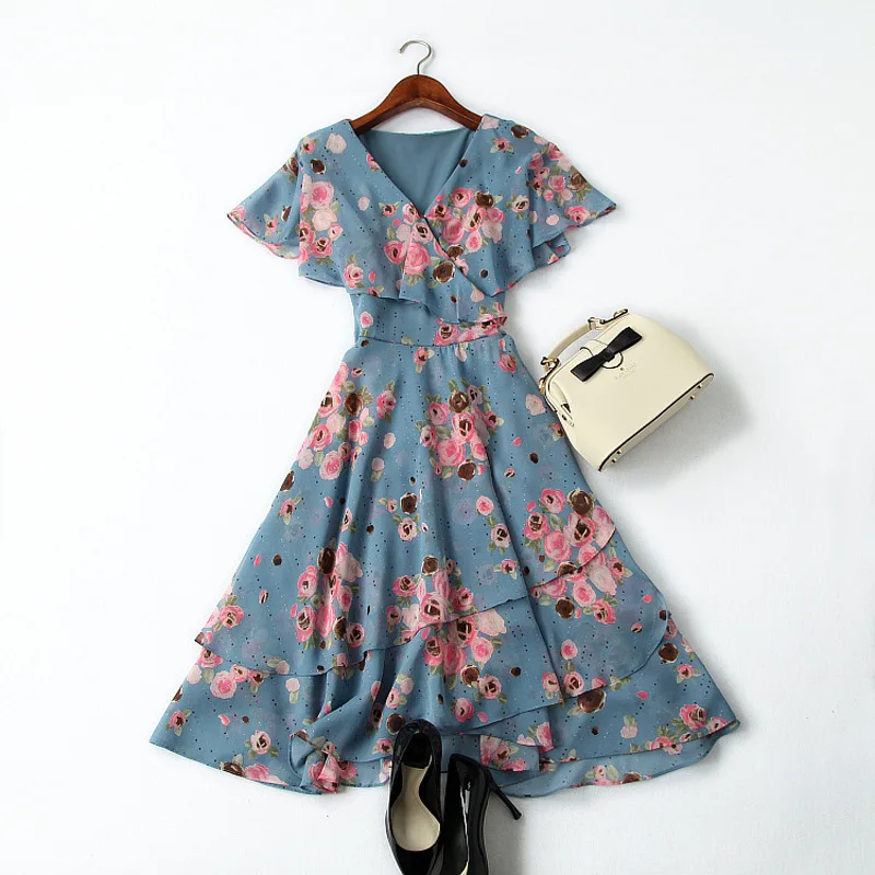 

Summer Dress Women Fashion Casual Holiday Printed Dress 2019 New V-Neck Butterfly Sleeves Slim Waist Irregular Dresses Chiffon