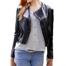 Для женщин PU кожаная куртка Длинные рукава тонкий пилот куртка для девочек короткие с отложным воротником на молнии Moto Куртка Черный Основные Куртки