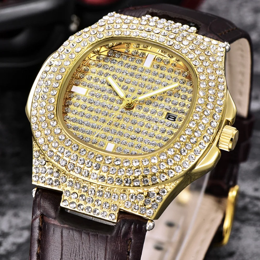 Для мужчин наручные часы блинг полностью искусственными бриллиантами со льдом, золотистый, серебристый, цвета алмаза Для мужчин часы мужской часы relojes para hombre Q4