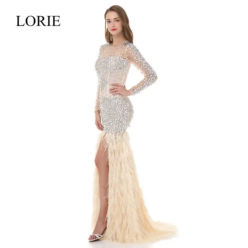 

Pretty Women Ivory Mermaid Long Sleeve Prom Dresses 2018 LORIE Rhinestone Feathered Robe De Soiree Elegant Long Evening Dresses