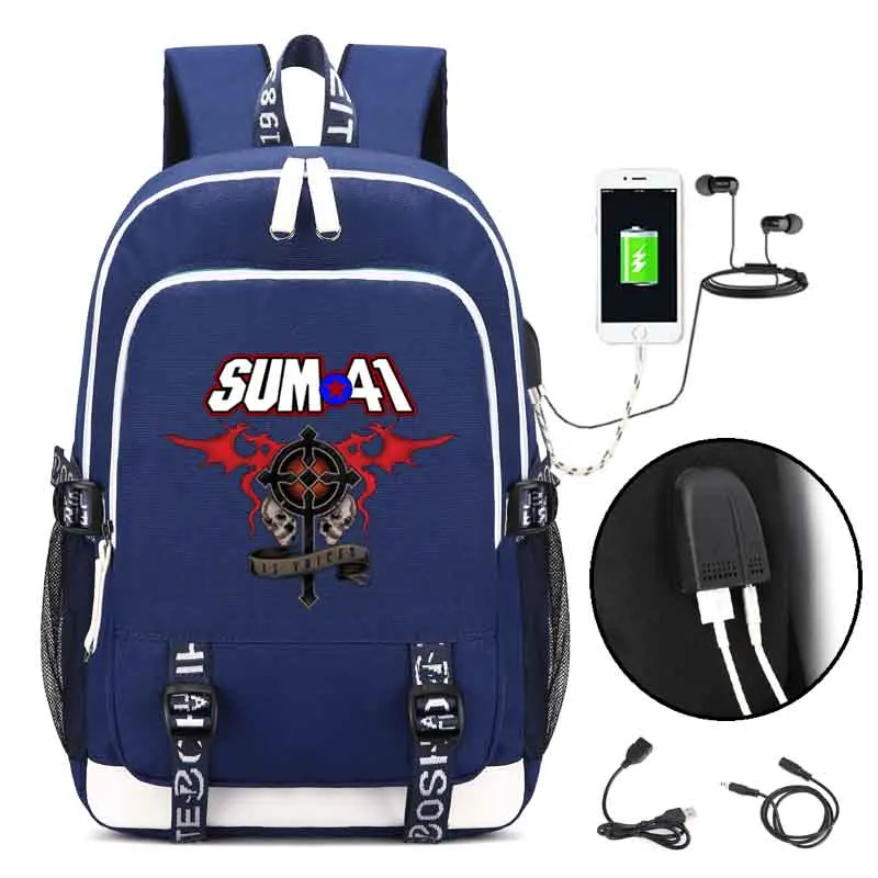 

Sum41 Punk band Backpack with USB Charging Port and Lock &Headphone interface for College Student Work