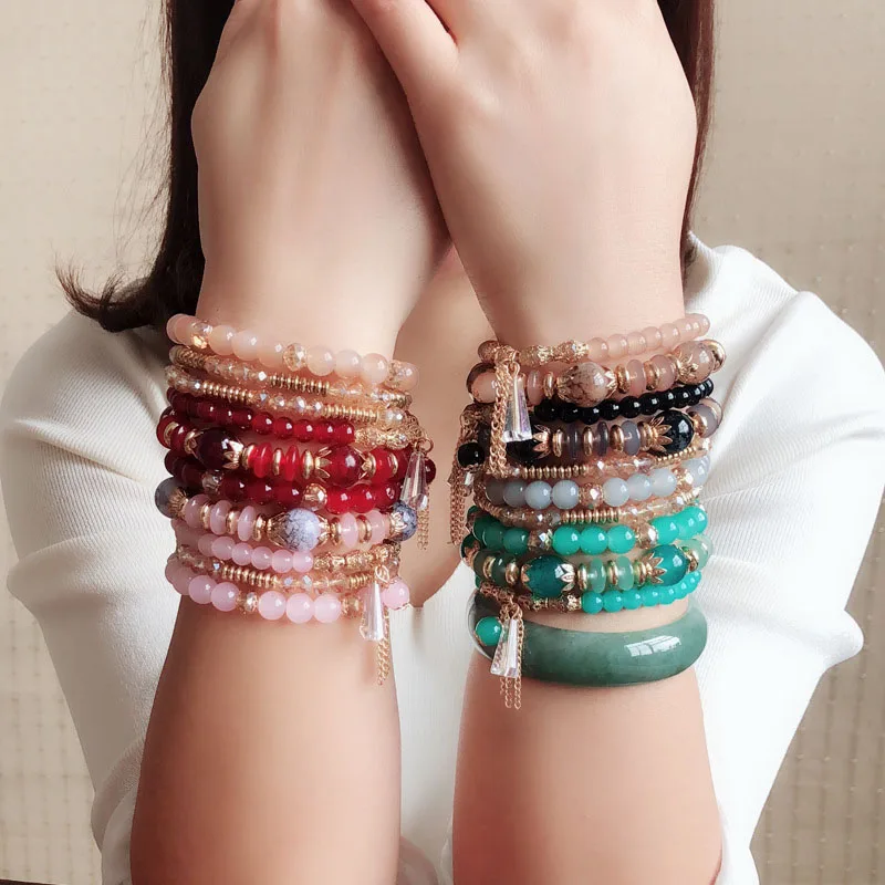 

2019 Fashion Multi-layer Bracelet Bohemian High Quality Multi-layer Crystal Acrylic Bracelets & Bangles Beaded Elastic Bracelet