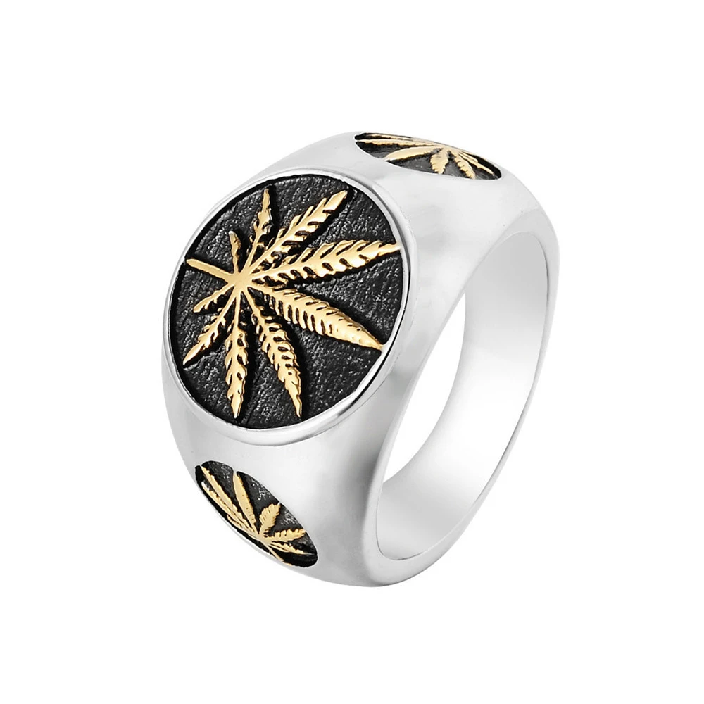 

Hip Hop Pave Hemp Leaf Men Rings Gold color 316L Stainless Steel Cross Big Round Ring Rapper Jewelry