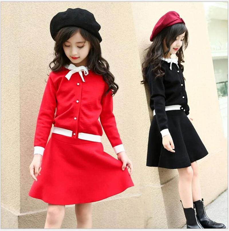 

Baby Girls Sets Spring Autumn Red Black Knitted Suits Cute Bow Long Sleeve Sweater + Skirts 2Pcs Suits Children Clothes Set