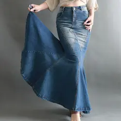 Большая рыбий хвост джинсовая юбка Женская длинная юбка в пол Лоскутная Русалка труба имперский Высокая талия джинсы эластичные J92792