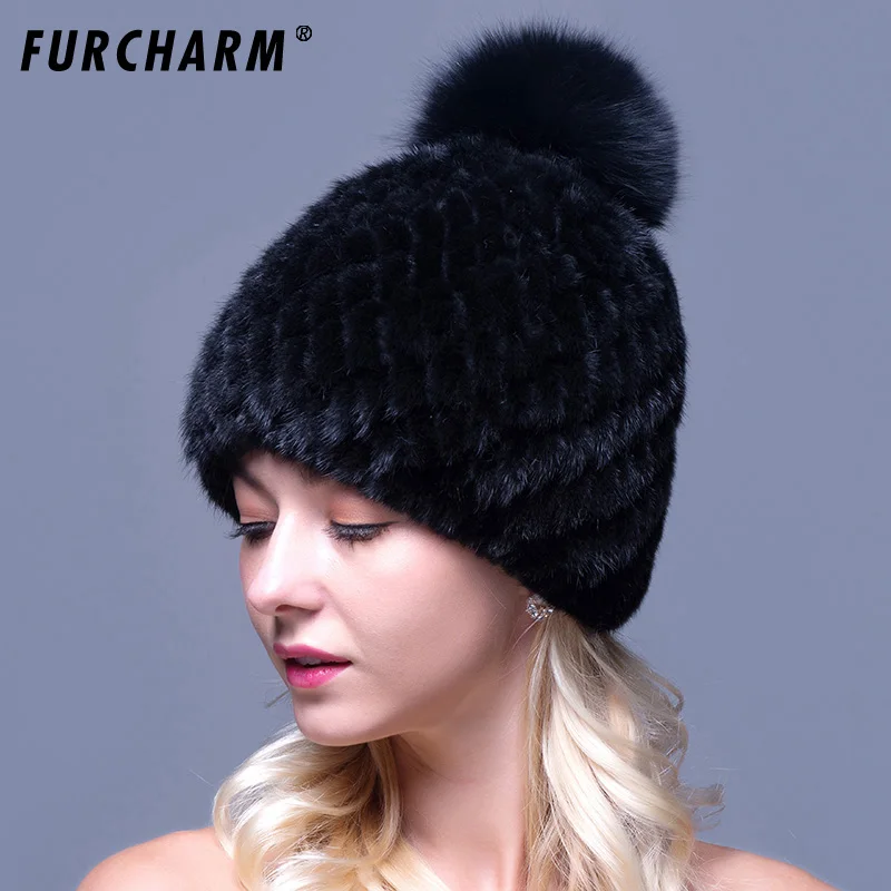Женская шапка из меха норки вязаная с помпоном зима 100%|mink fur hats|fur hatreal mink hat |
