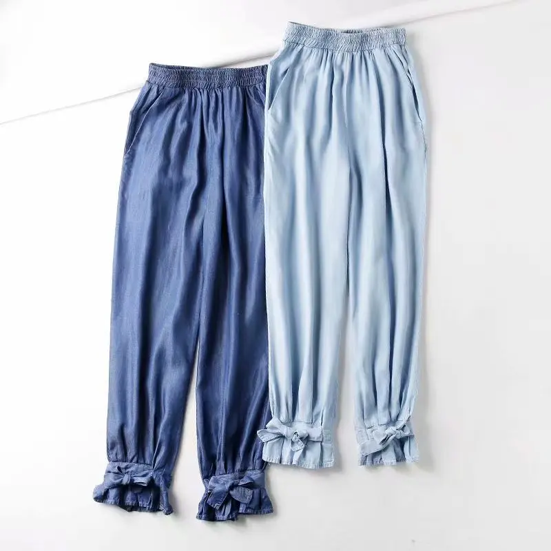 KZ497 Women Brief Elastic Waist Sashes Deco Solid Color Soft Denim Pants Culf Slim Jeans Trousers | Женская одежда