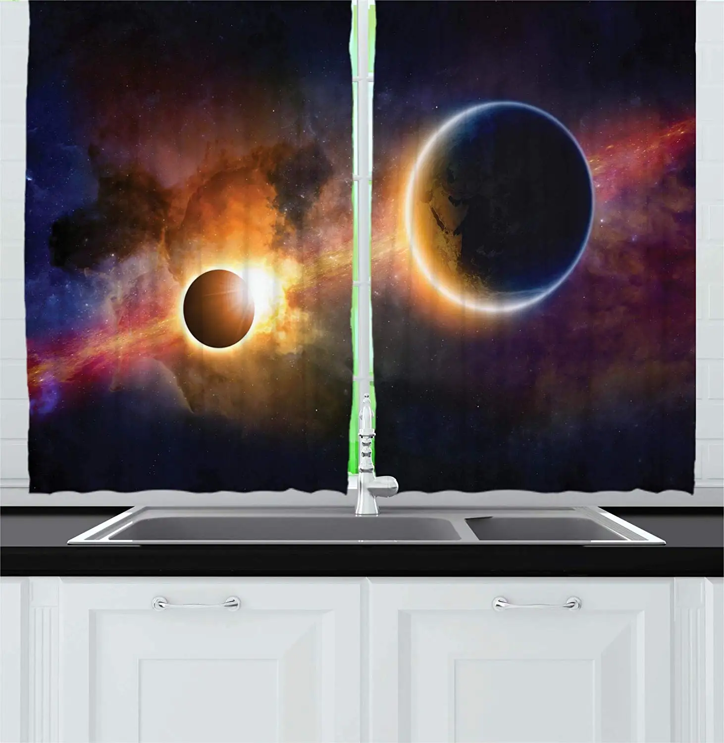 

Outer Space Curtains Planet in Milky Way Dark Nebula Gas Cloud Celestial Solar Eclipse Galaxy Theme Window Drapes for Bedroom
